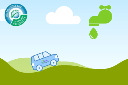 Car driving over hilly green area with green faucet